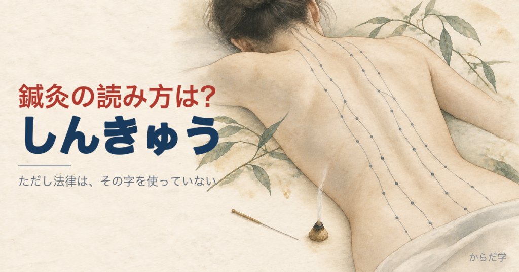 経絡の線が描かれた背中と、脇に置かれた鍼ともぐさの水彩イラスト