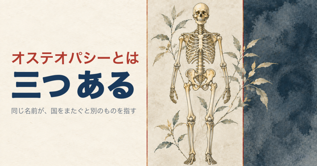 三幅対のように三つに分かれた背景と全身骨格の水彩イラスト